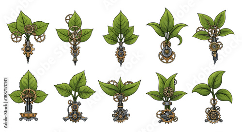 Collection of young sprouting plants with green leaves and stems