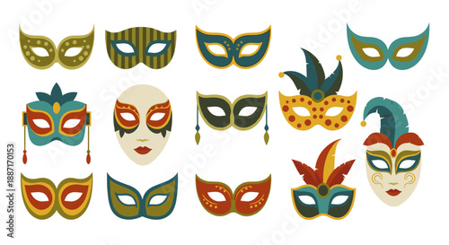 Collection of colorful carnival masks with various designs and styles