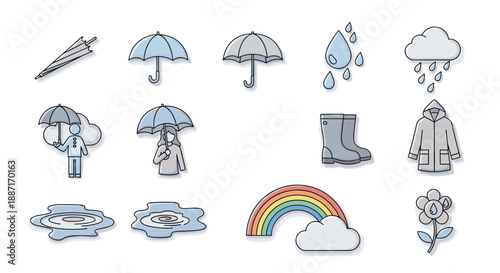 Collection of weather icons including rain umbrellas clouds and rainbow