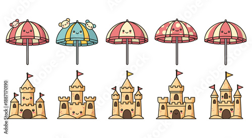 Set of colorful beach umbrellas and sandcastles sandy beach