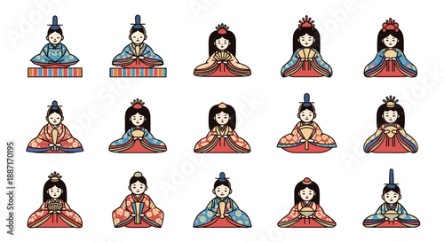 Collection of traditional asian dolls in colorful costumes and accessories