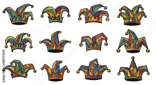Colorful jester hat collection with vibrant patterns and details