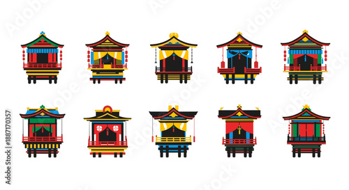 Collection of colorful traditional asian pagodas with intricate details