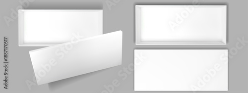 Cardboard box mockup top view. Open white secret package with realistic shadow. Empty 3d gift container with paper lid front perspective. Mystery carton makeip sample case set vector