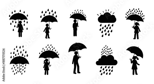 Collection of black umbrella icons with rain and weather symbols