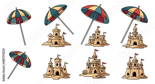 Collection of colorful beach umbrellas and sandcastles