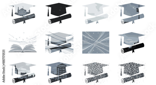 Collection of graduation cap and diploma images with various angles