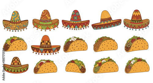 Collection of traditional mexican sombreros with colorful designs