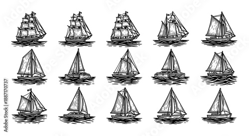 Collection of detailed black and sketches of sailing ships