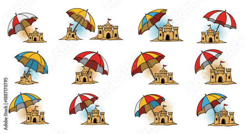 Collection of colorful beach umbrellas and sandcastles sunny day
