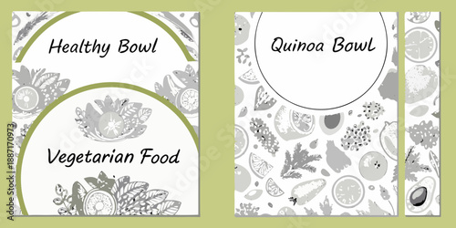 Colorful banners advertising healthy quinoa and vegetarian food bowl options