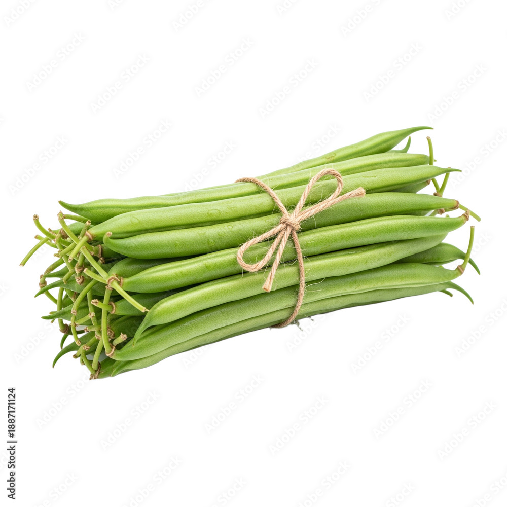Fototapeta premium Fresh green string beans tied with rustic twine, perfect for healthy cooking and culinary inspiration