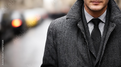 Stylish Businessman in Gray Tweed Coat and Black Tie on Urban Street