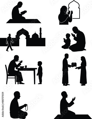 Islamic spiritual silhouettes vector set showing prayer, fasting, charity, and tasbeeh worship scenes isolated on white background