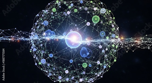 Complex interconnected network structure displays glowing central energy core against dark background