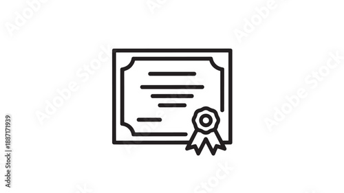 Certificate icon with ribbon in simple minimalist design and black line art style on white background for award or achievement