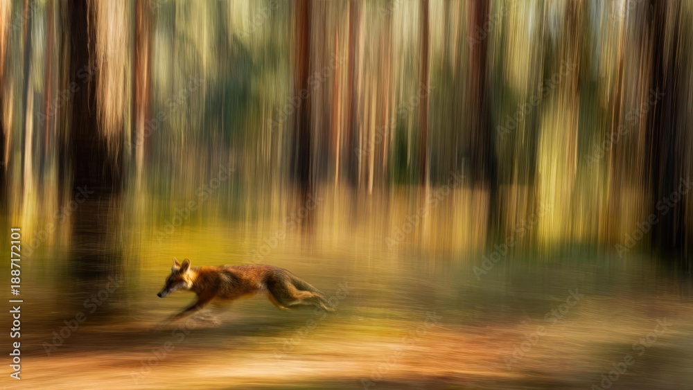 Obraz premium fox sprinting through a sunlit forest with motion blur Concept Fox in motion, Sunlit forest, Motion blur photography, Wildlife action shot, Dynamic wildlife portrait