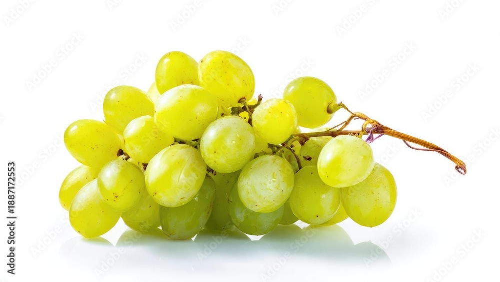 Naklejka premium A bunch of green grapes on a stem against a white background. Concept Still life, Green grapes, White background, Close-up shot, Fresh fruit