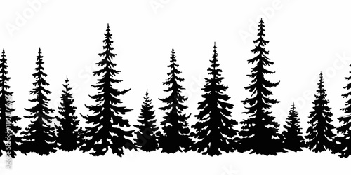 Silhouetted evergreen trees against a clean white background forming a forest scene