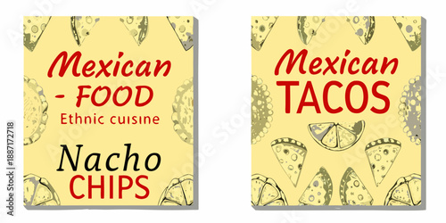 Colorful mexican food promotional design featuring tacos and nacho chips illustrations