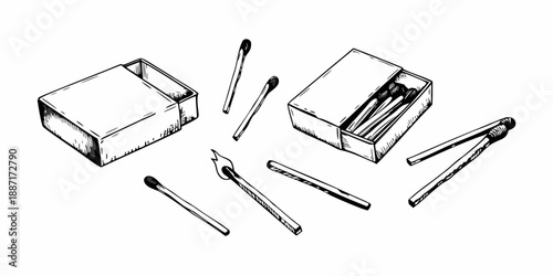 Sketch of open matchboxes with scattered matches and a partially burnt matchstick