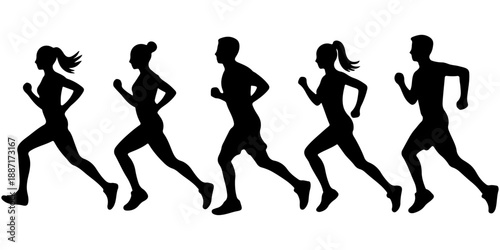 Vector illustration of a fitness evolution featuring the black silhouette of a woman, dancer, and runner depicting a human body in motion through sport and dance art