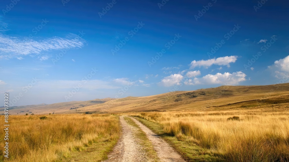 Obraz premium Gravel country road winding through golden grassland with rolling hills under a clear blue sky. Concept Gravel country road, Golden grassland, Rolling hills, Clear blue sky, Scenic rural landscape