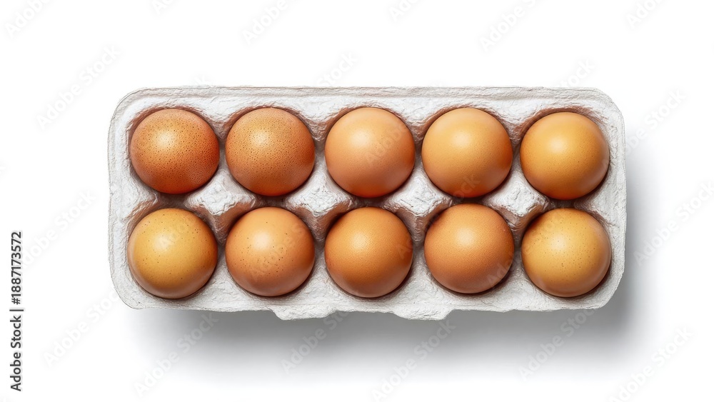 Obraz premium Twelve brown eggs in a gray egg carton, seen from above. Concept Brown eggs, Gray egg carton, Aerial view, Simple still life, Breakfast photography