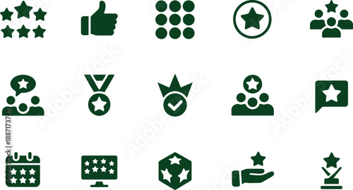 Collection of various dark green icons depicting stars awards people and symbols on transparent background high-quality professional detailed modern elegant