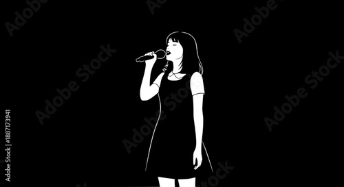 Minimalist female singer silhouette performing with microphone on stage, design for concert posters, music app interfaces and vocal studio branding. Vector, transparent background SVG version.
