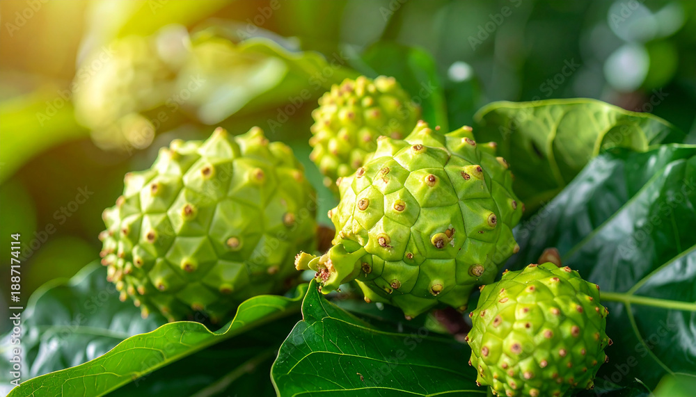 Fototapeta premium Organic noni fruits on green leaves, herbal food for health care, vibrant colors, natural light.