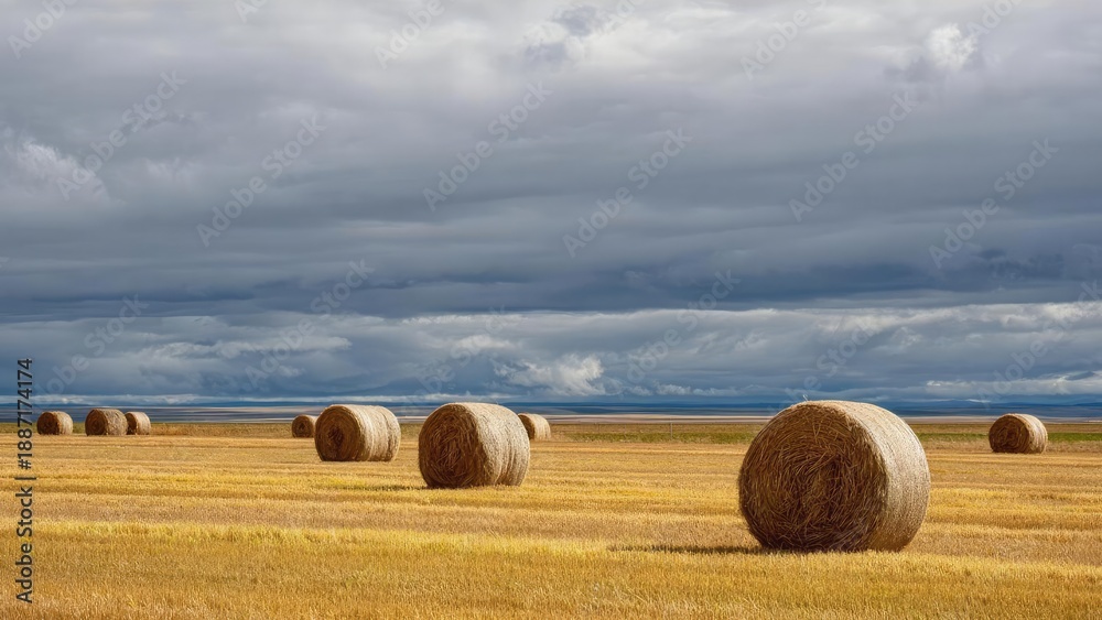 Obraz premium Golden field with several large round hay bales scattered across a flat rural landscape under dark, dramatic clouds. Concept Golden Field, Hay Bales, Rural Landscape, Dramatic Clouds, Moody Lighting