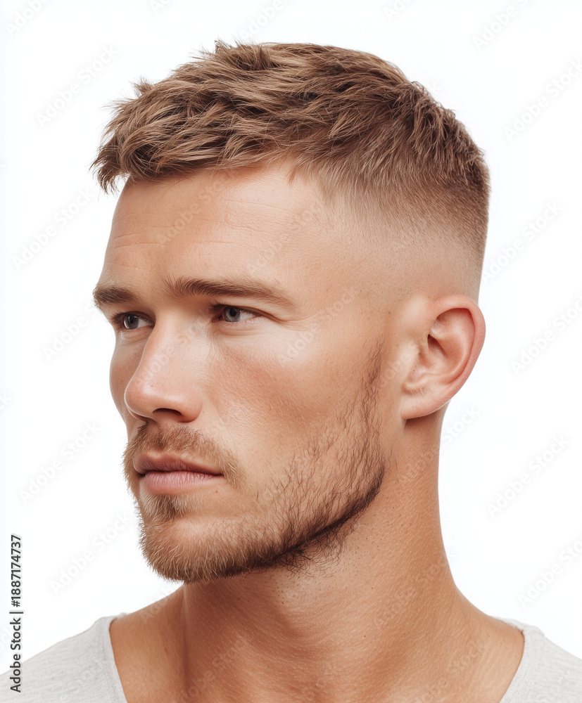 Fototapeta premium A man with a Textured French Crop haircut, high skin fade on the sides, messy jagged texture on top, ash brown hair, plain white background