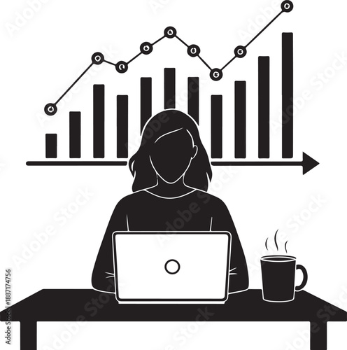 A silhouetted depiction of a professional woman working diligently on a laptop backed by a growing graph representing data analysis and progress high-quality detailed