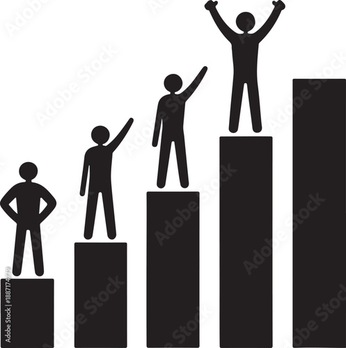 A simple monochrome illustration depicts a series of stick figures ascending a staircase represented by progressively taller rectangular bars symbolizing growth and success high-quality