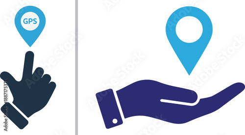 Two-panel vector set featuring a dark silhouette hand pointing to a "GPS" location pin on the left and a cupped palm holding a blue location pin icon on the right.