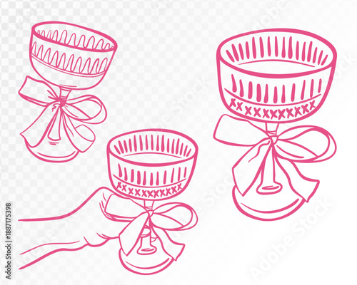 Decorative Goblets with Bows Pink Line Art Illustration