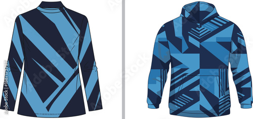 A two-panel vector illustration showcasing sportswear designs, including a long-sleeve jersey and a hooded jacket with bold, blue, and navy geometric patterns.