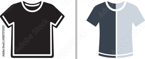 A two-panel vector graphic featuring a solid black t-shirt icon with a white border on the left and a stylized two-tone grey t-shirt silhouette on the right.
