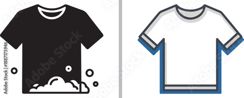 A two-panel vector graphic illustrating laundry care, featuring a black t-shirt with soap suds on the left and a clean, outlined white t-shirt on the right.
