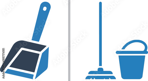 A two-panel vector illustration of blue cleaning tools, featuring a handheld dustpan on the left and a long-handled broom alongside a bucket on the right for floor maintenance.