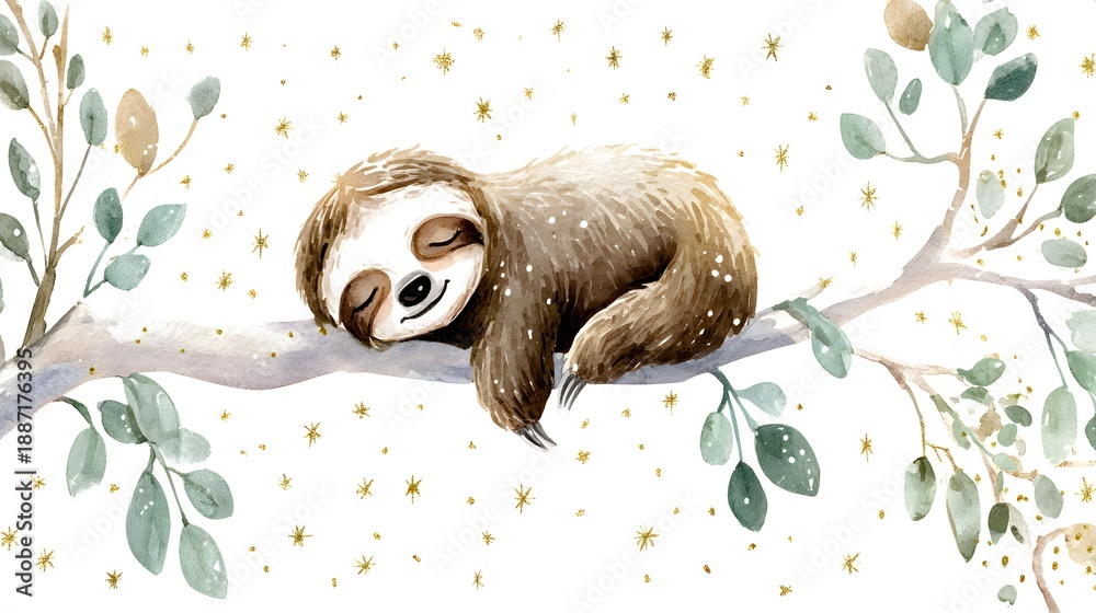 Fototapeta premium Watercolor Illustration Cute Baby Sloth Sleeping on Tree Branch Watercolor Illustration. Whimsical Nursery Art and Wildlife Concept. Sleeping sloth on a tree branch with a celestial pastel background