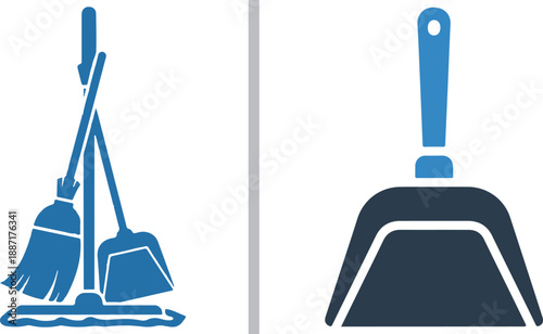 A two-panel vector comparison of cleaning tools: a blue set featuring a mop, broom, and dustpan on the left, and a detailed black-and-blue handheld dustpan silhouette on the right.