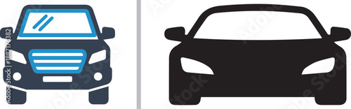A two-panel vector graphic featuring front-view silhouettes of a modern SUV and a sleek sedan, representing automotive variety, car dealership options, and vehicle transport services.