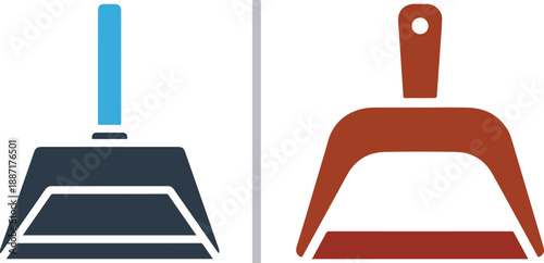 A dual-panel vector set featuring a blue and black dustpan and broom cleaning set on the left, compared with a standalone rust-colored or tilted black dustpan on the right.