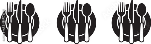 Three black plate with utensils fork knife spoon