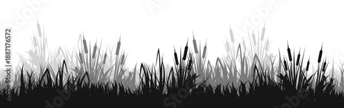 Meadow silhouette with grass, plants on plain. Panoramic summer lawn landscape with herbs, various weeds. Herbal border, frame element. Black horizontal banners. Vector illustration