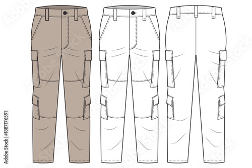 man cargo pant technical fashion illustration. utility workwear trousers fashion illustration. flat sketch cargo pant CAD technical drawing, multi pockets, zipper, mockups.