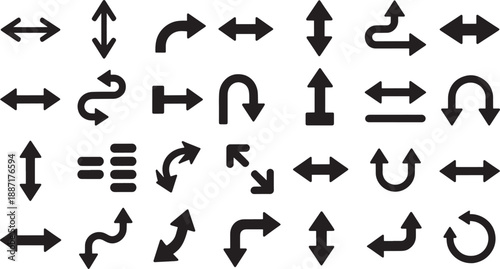 Various black arrows on white background direction symbols navigation