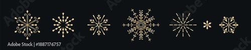 set of golden snowflakes for Christmas decoration. Shiny gold snowflakes, various abstract and geometric patterns. Beautiful snowflakes isolated on black background